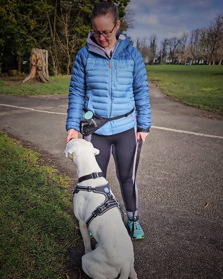 Owner rewarding a white dog with a treat on a park path in Glasgow