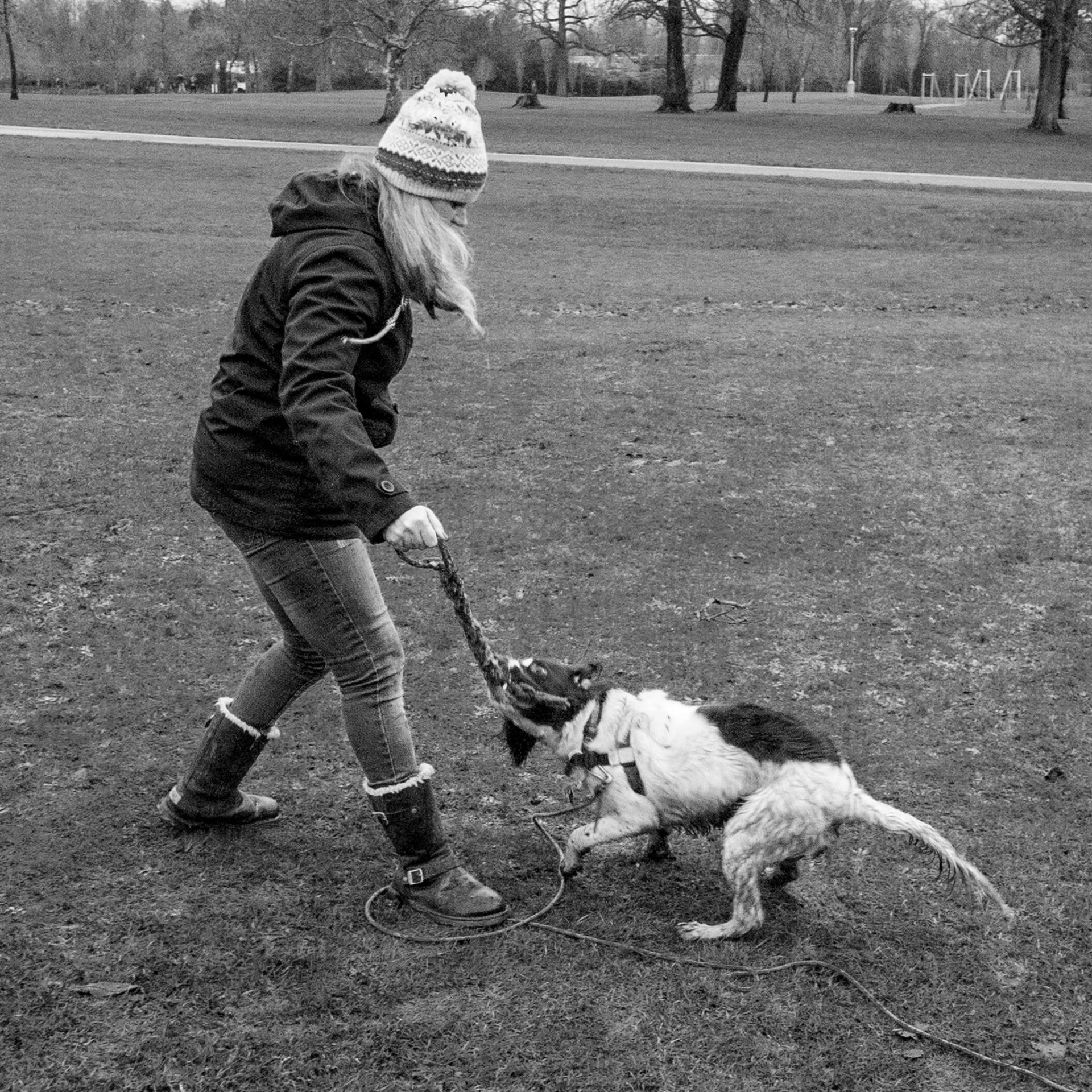 Black and white photograph of an owner playing tug with a small dog in a field