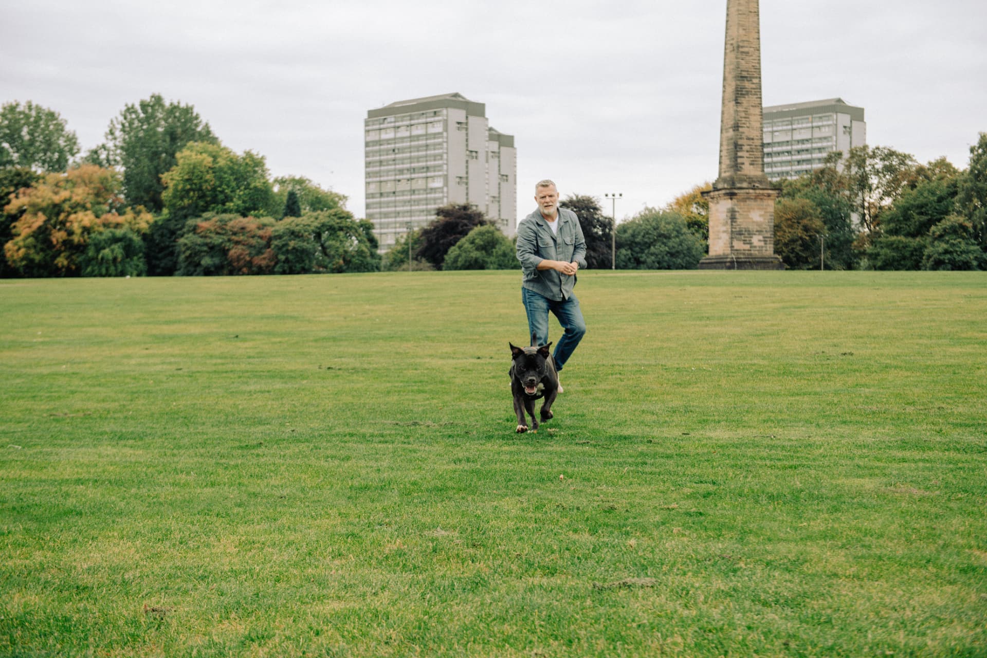Recall training with a black Labrador running in a Glasgow park