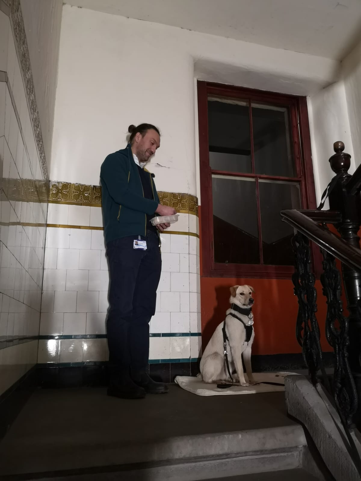 Handler rewarding a dog for settling on a mat in a tiled Glasgow tenement hallway