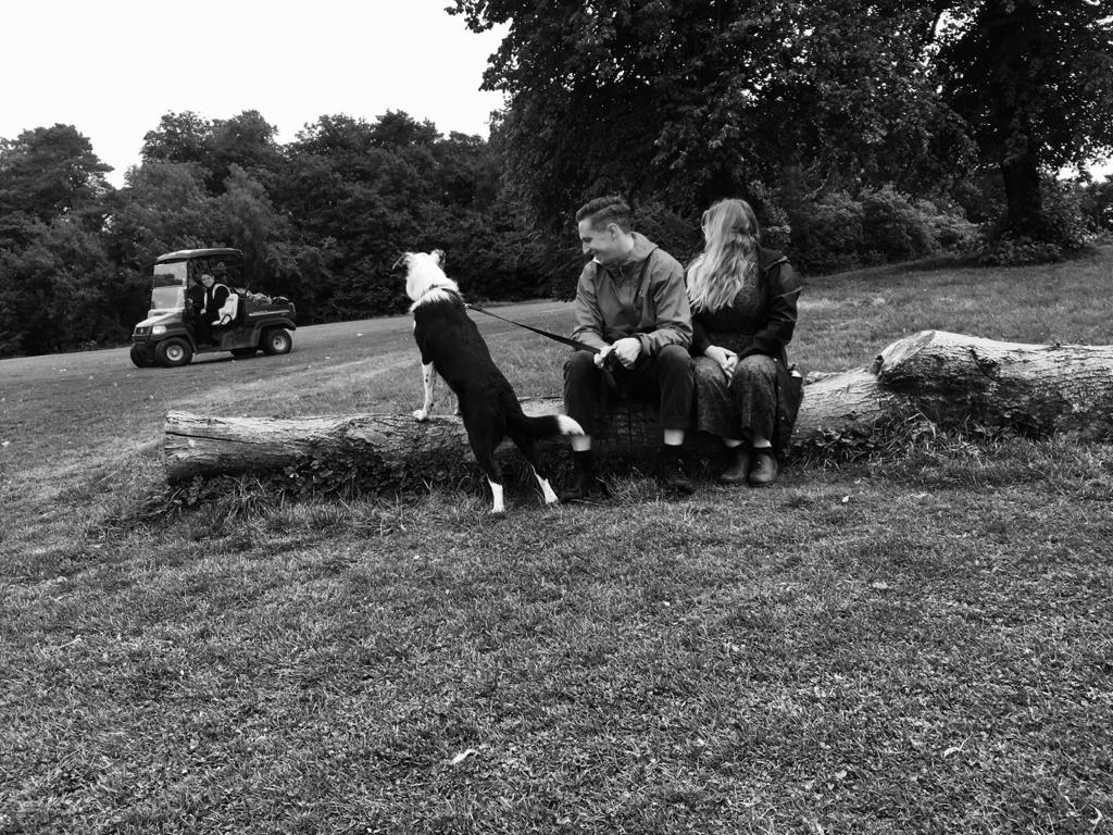 Black and white photograph of a couple on a log in a Glasgow park playing with their collie type dog