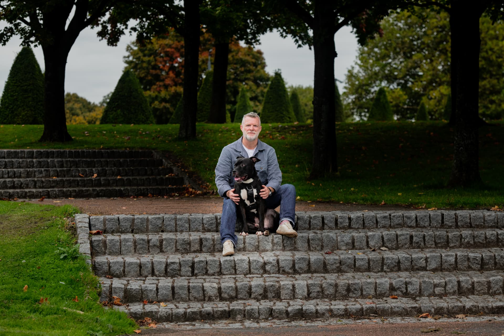 Dog settling calmly on park steps during a Glasgow behaviour consultation