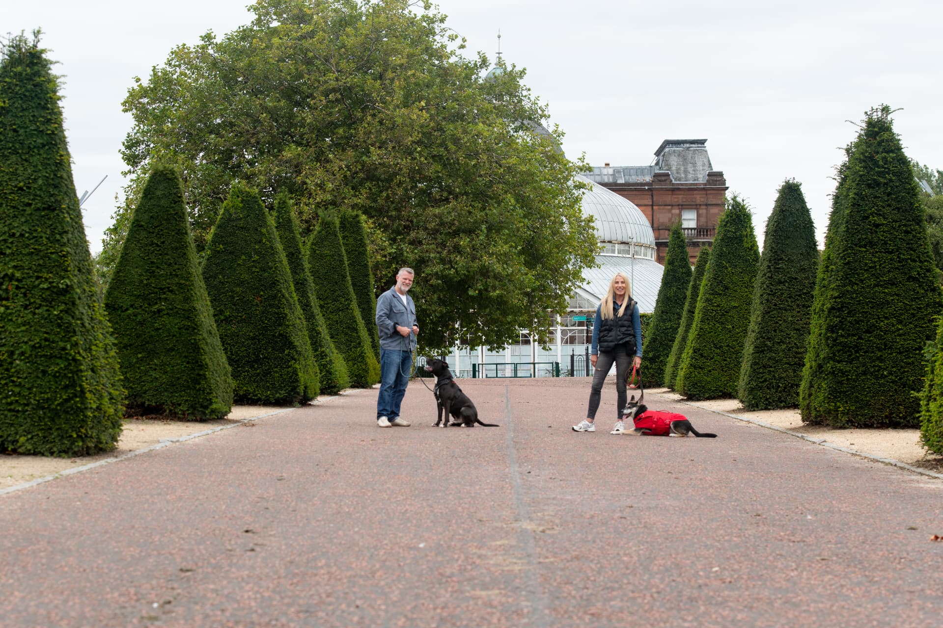 Glasgow dog trainers John McGuigan and Helen Hutcheson with two dogs on a park path