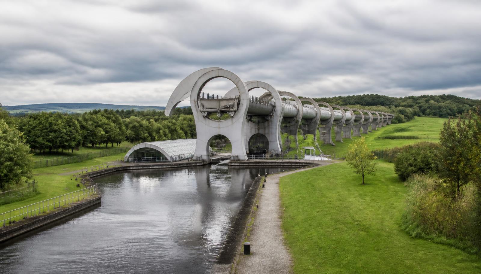 The Falkirk Wheel boat lift on the Forth and Clyde canal surrounded by parkland